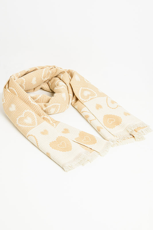 beige scarf with heart print and golden thread detail