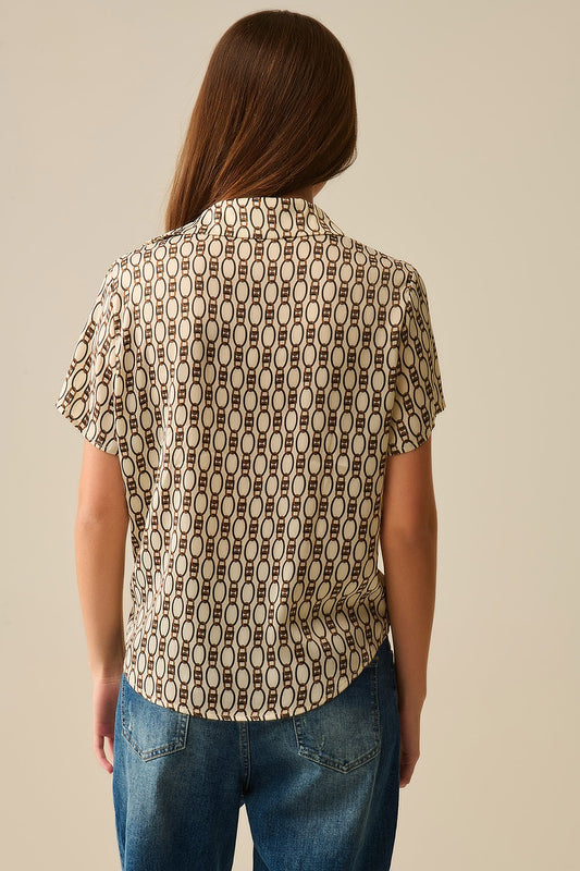 Beige Short-sleeved Chain Print Polo Shirt