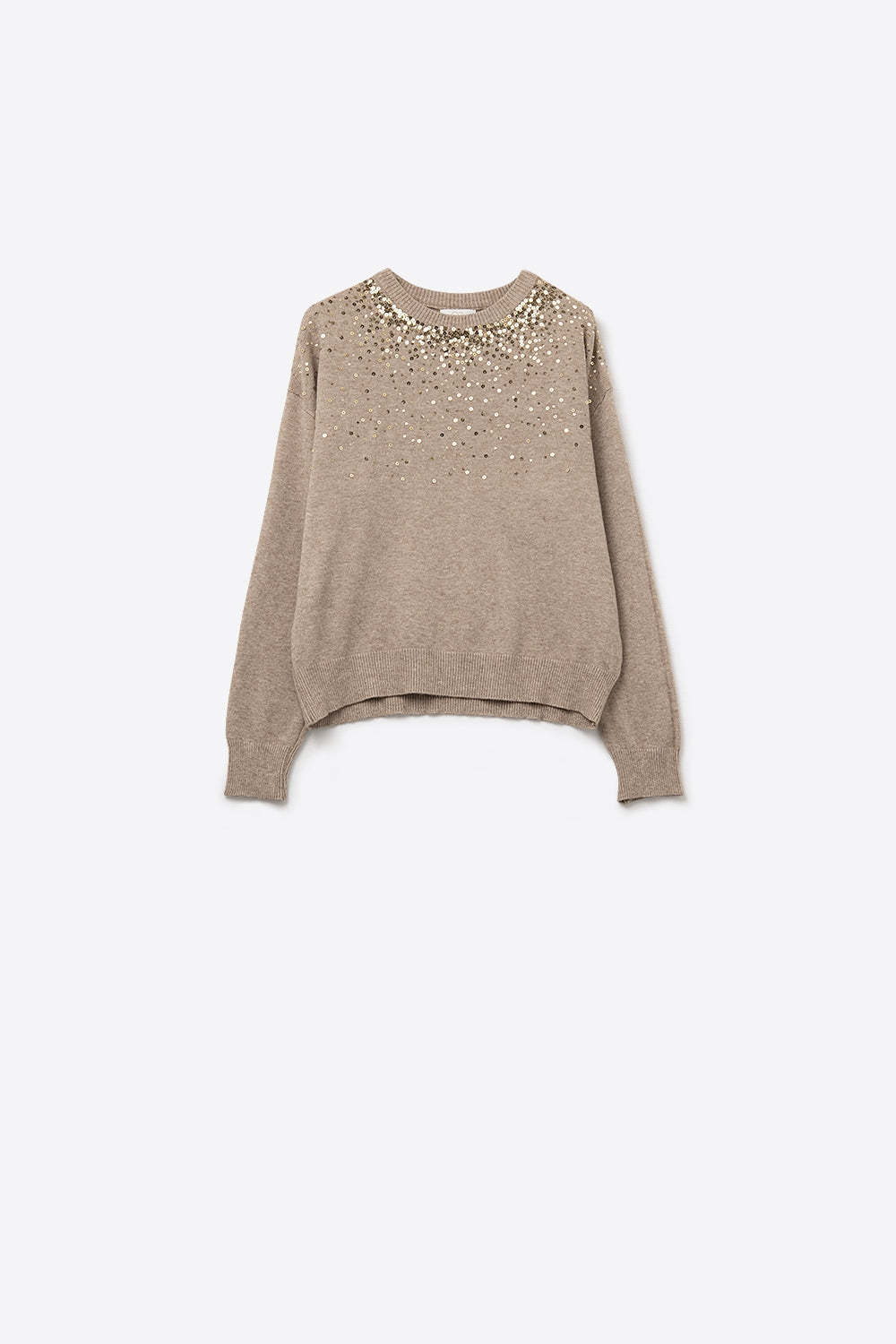 Q2 Beige soft knit sweater embellished with sequins on the front