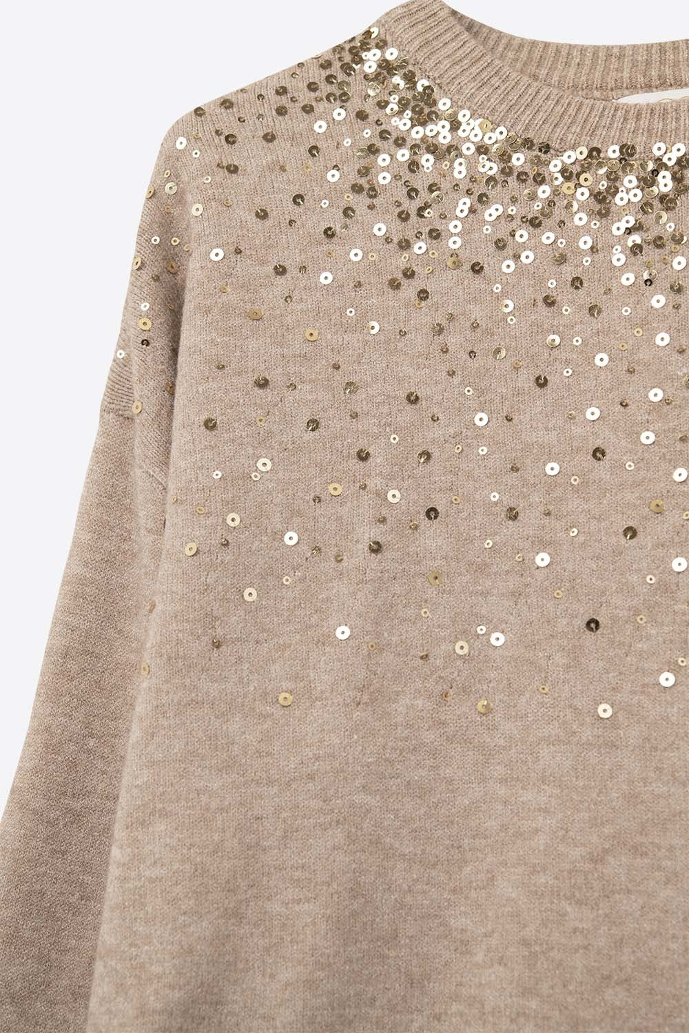 Beige soft knit sweater embellished with sequins on the front
