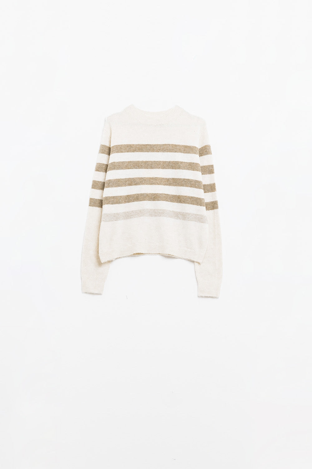 Q2 Beige soft knit sweater with camel stripes