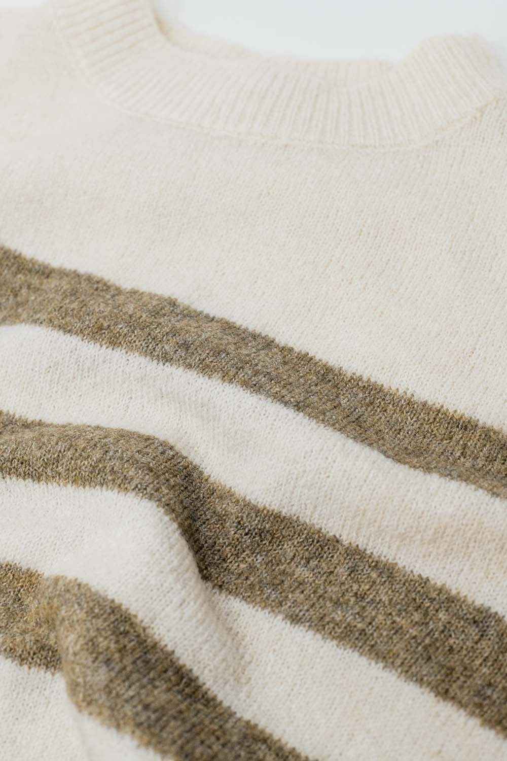 Beige soft knit sweater with camel stripes