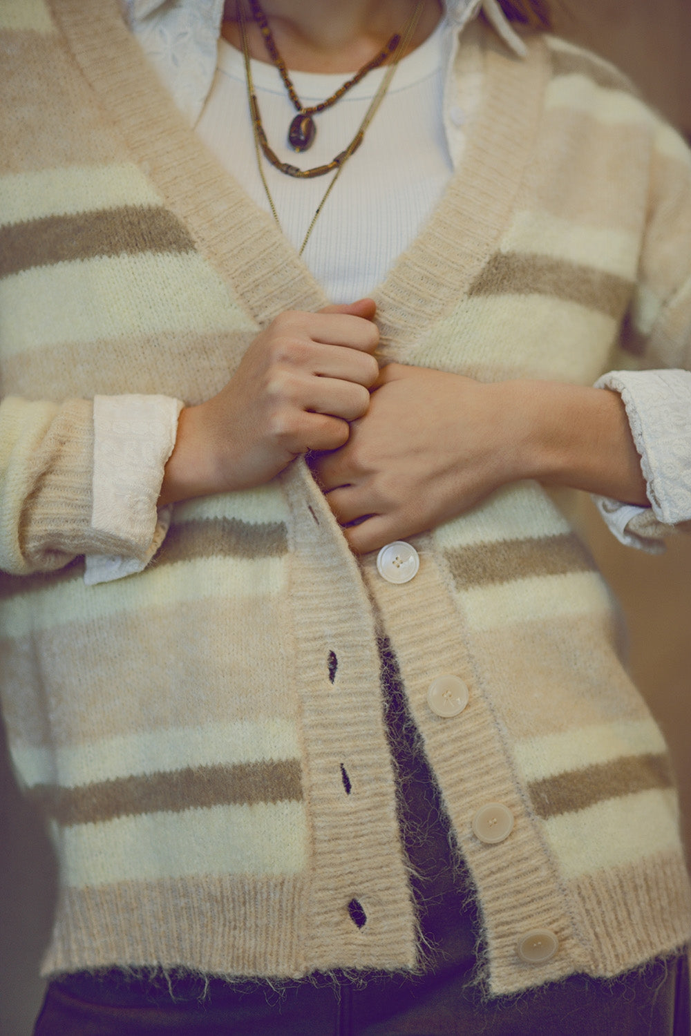 beige striped fluffy cardigan