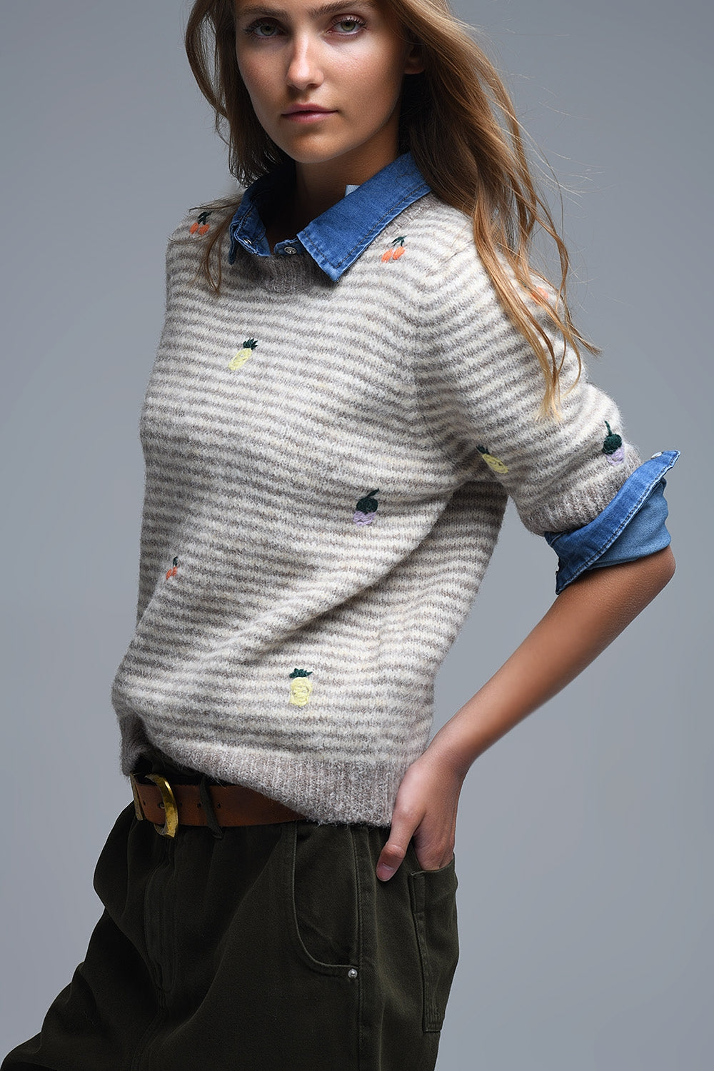 Q2 Beige Striped Short Sleeve Embroidered Sweater