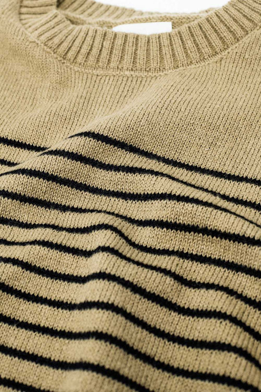 Beige sweater with black stripes and boat neck