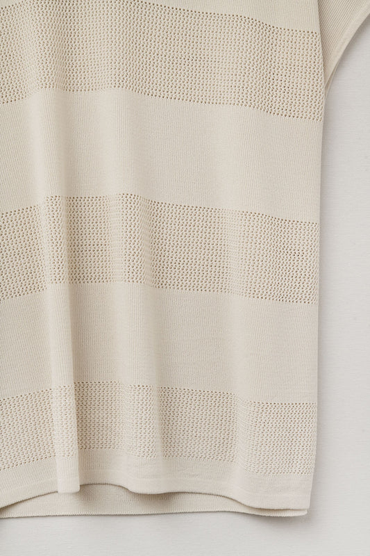 Beige V-neck knit sweater with open stitch detail
