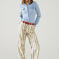 Beige wide leg elastic striped Pants