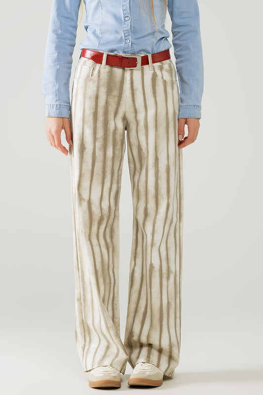 Beige wide leg elastic striped Pants