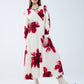 Q2 Beige Wrap Midi Dress With Red Tropical Floral Print and Long Sleeves