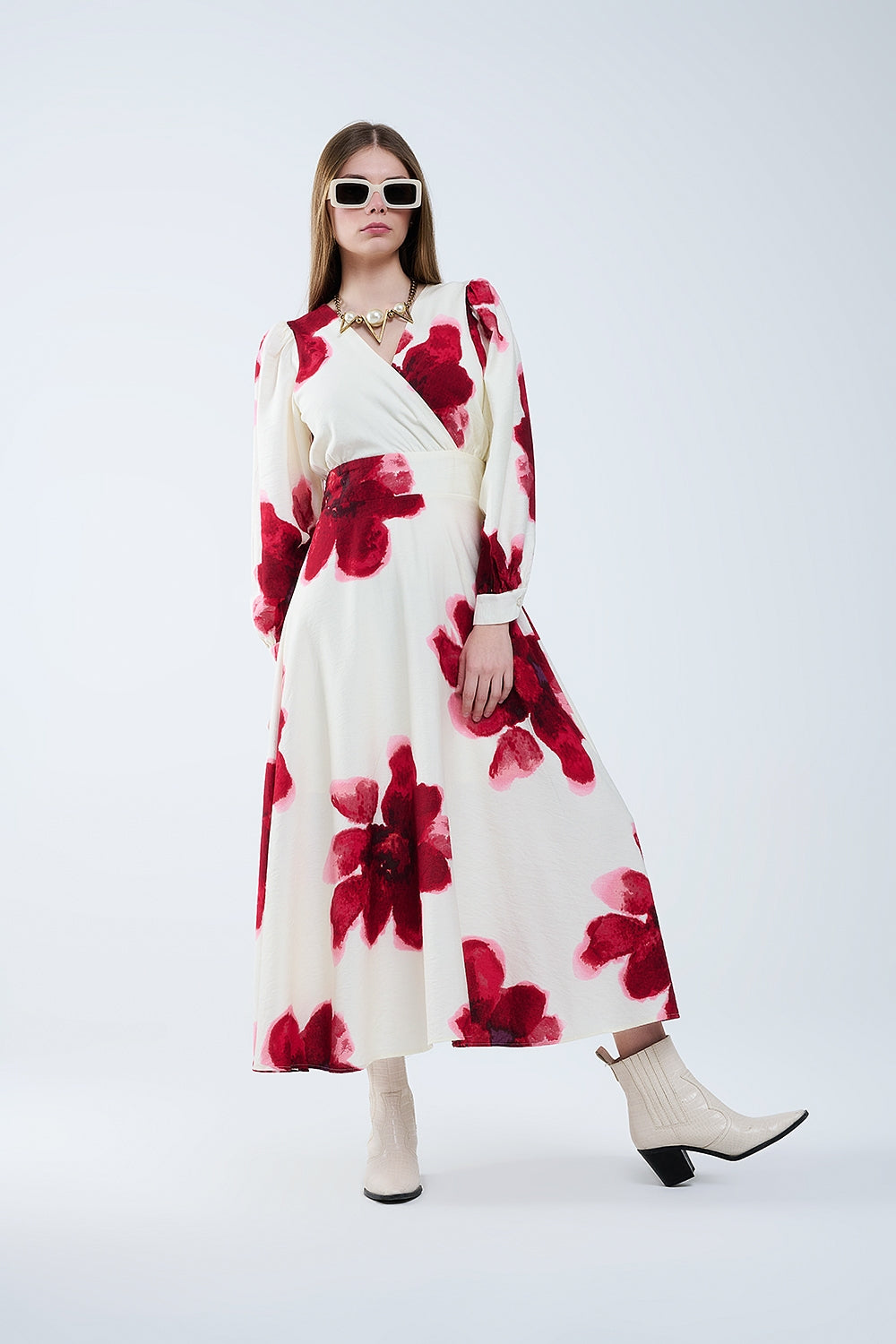 Q2 Beige Wrap Midi Dress With Red Tropical Floral Print and Long Sleeves