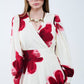 Beige Wrap Midi Dress With Red Tropical Floral Print and Long Sleeves