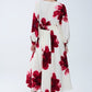 Beige Wrap Midi Dress With Red Tropical Floral Print and Long Sleeves