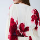 Beige Wrap Midi Dress With Red Tropical Floral Print and Long Sleeves