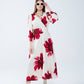 Beige Wrap Midi Dress With Red Tropical Floral Print and Long Sleeves