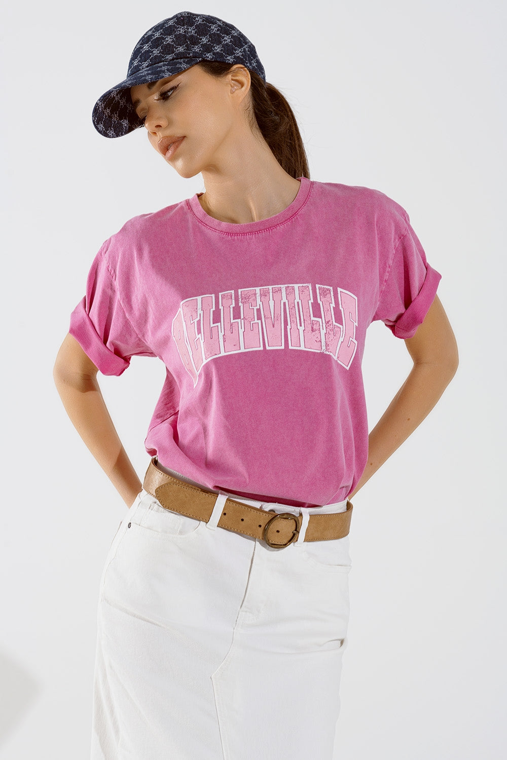 Q2 Belleville T-Shirt  With Washed Effect In Pink