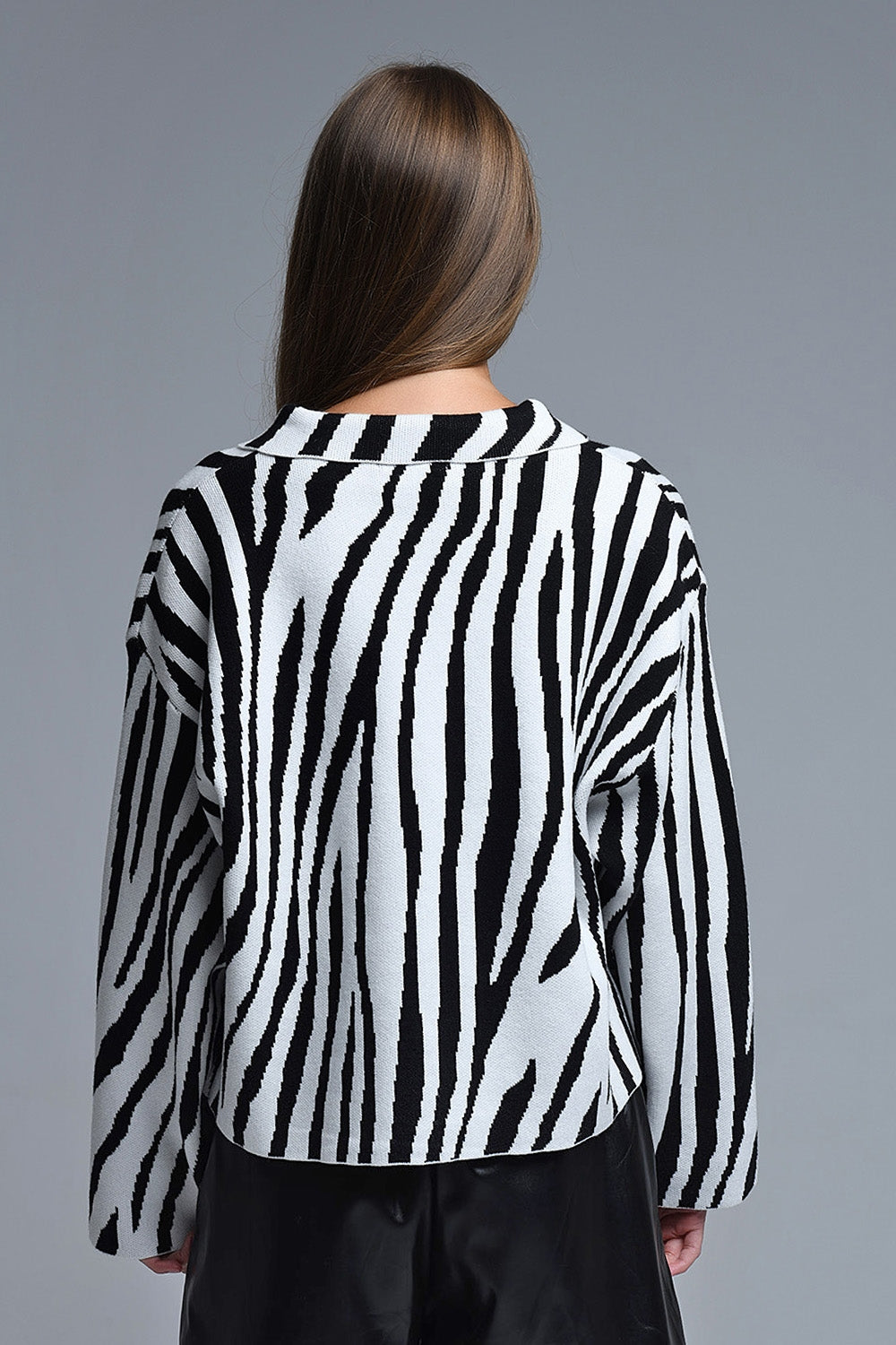 Black and White Zebra Print Polo Collar Cardigan