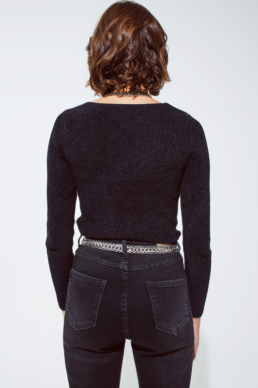 Black chenille sweetheart neck top