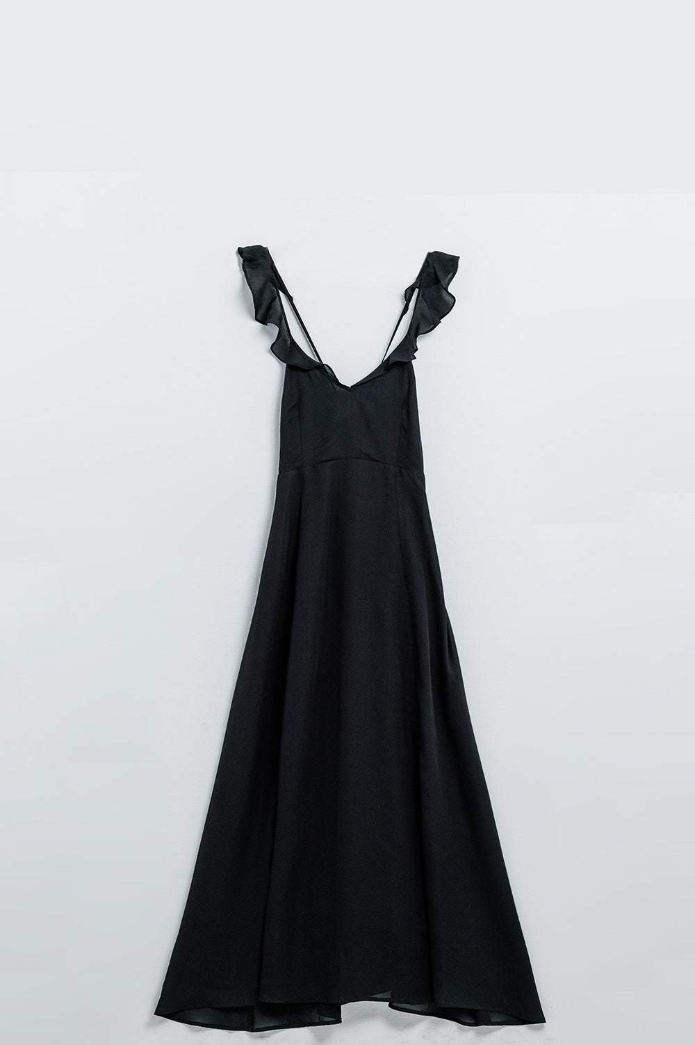 Q2 Black chiffon maxi dress with ruffles on the straps