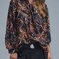 Black chiffon shirt with abstract print and knotted bow