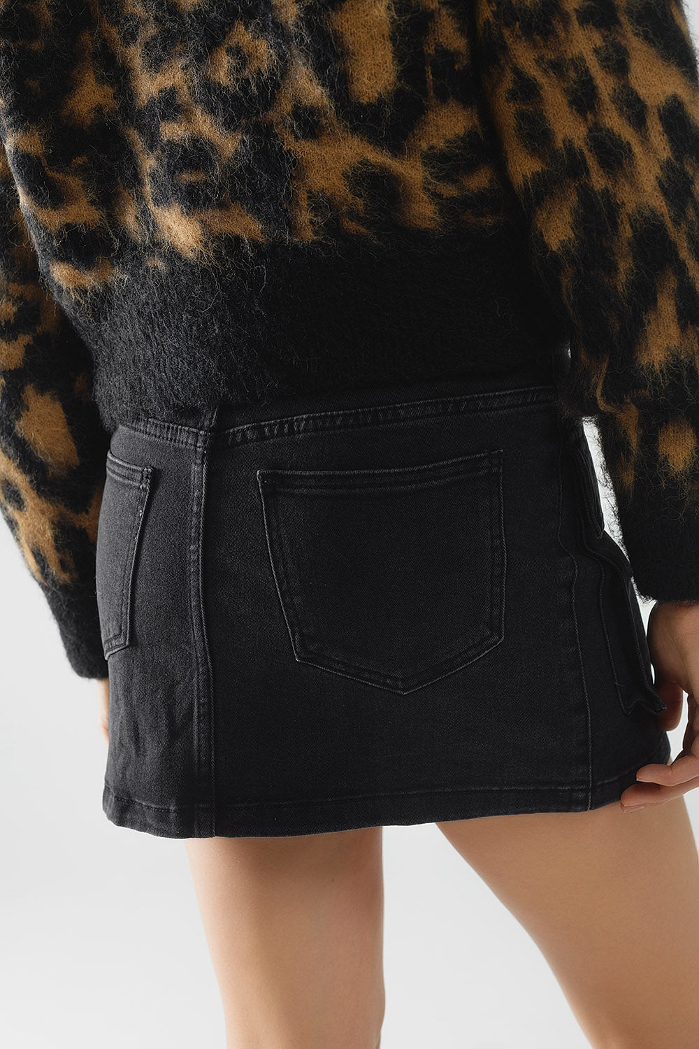 Black denim miniskirt with cargo pockets