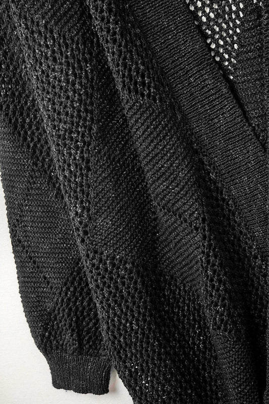 Black Draped Cardigan With Crochet Design