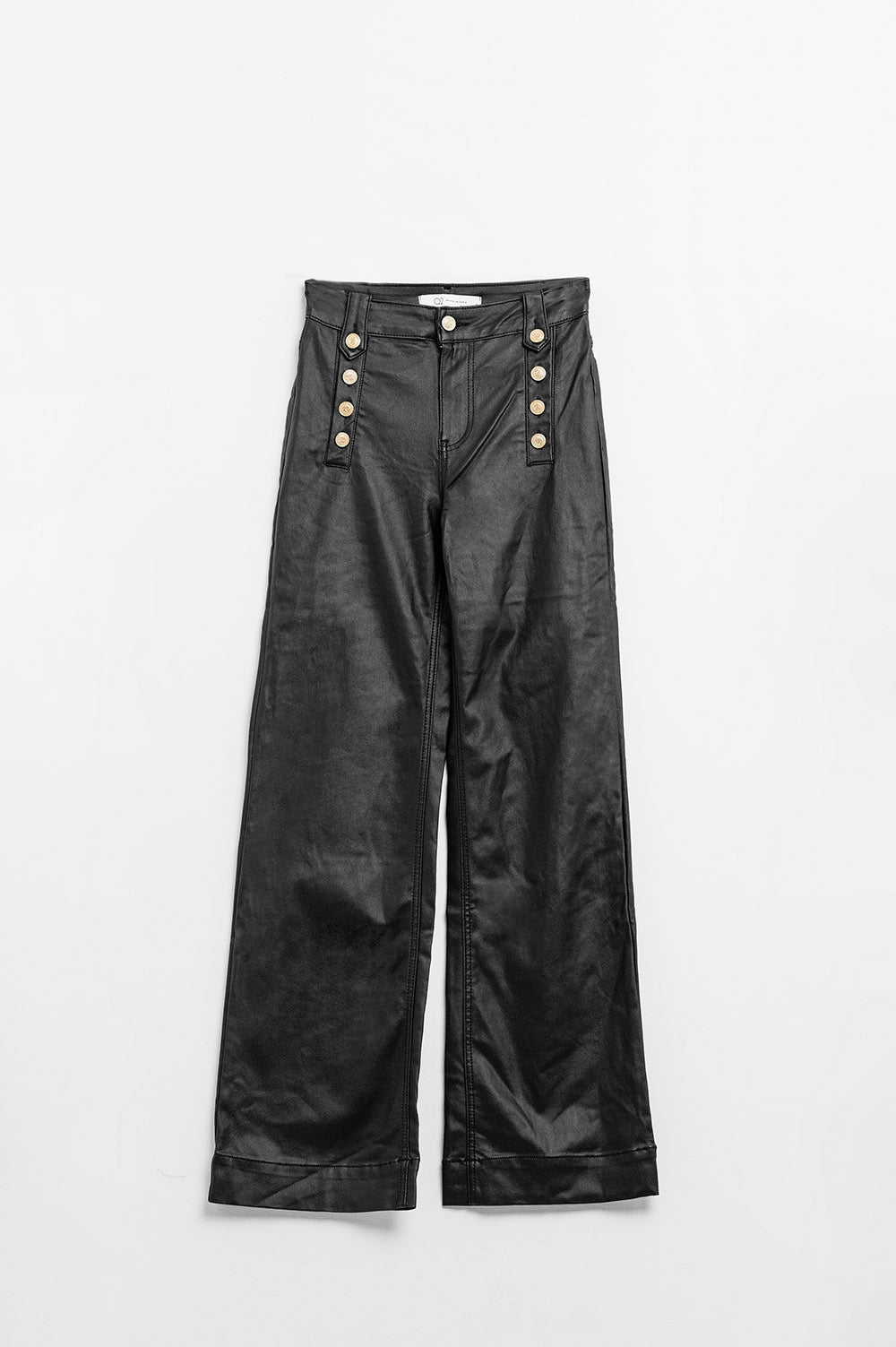 Black faux leather trousers with buttons