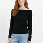black fine knit sweater with wide boat neck