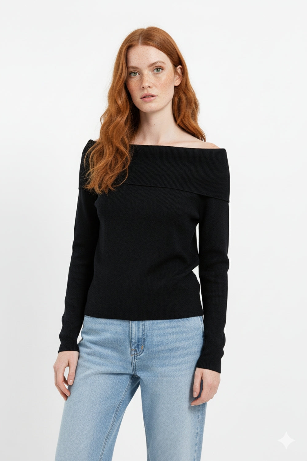 black fine knit sweater with wide boat neck