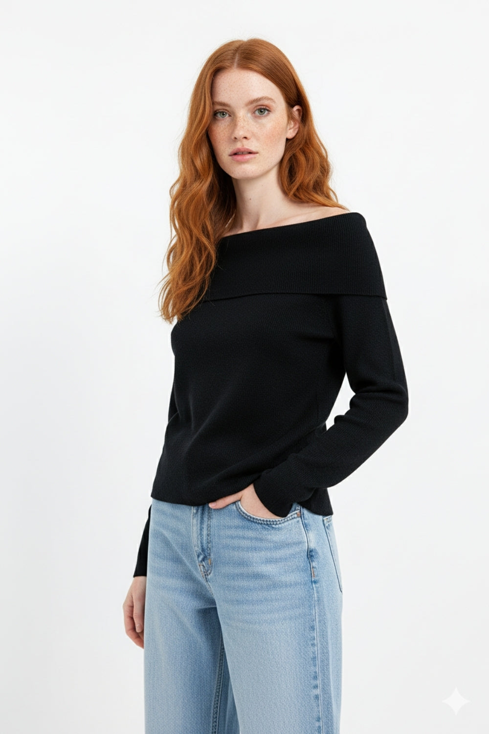 black fine knit sweater with wide boat neck