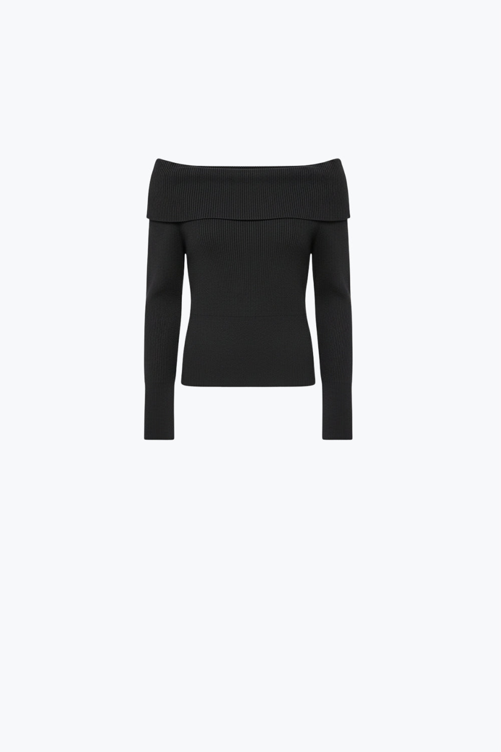 Q2 black fine ribbed knit sweater with wide boat neck