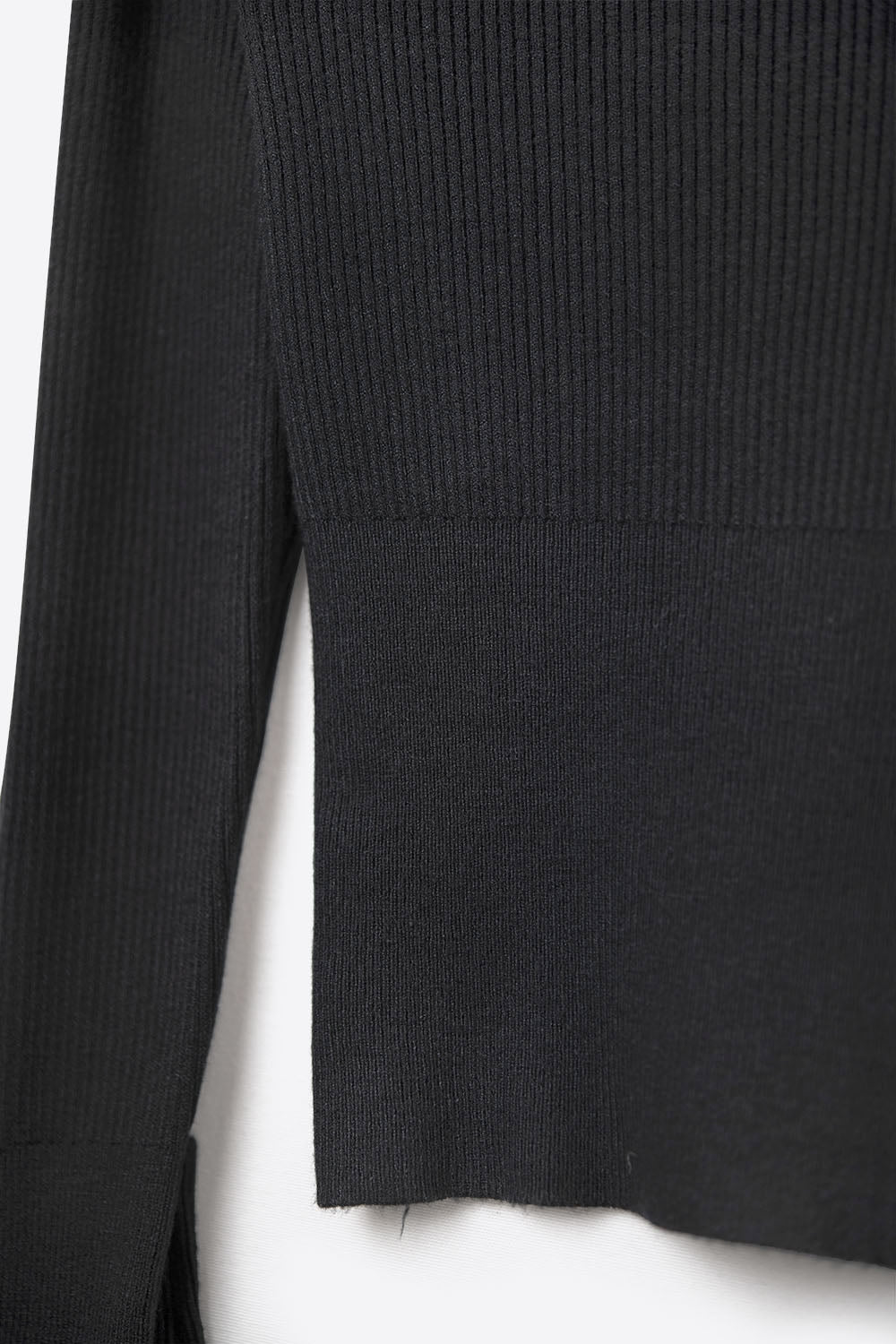 black fine ribbed knit sweater with wide boat neck
