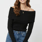 black fine ribbed knit sweater with wide boat neck