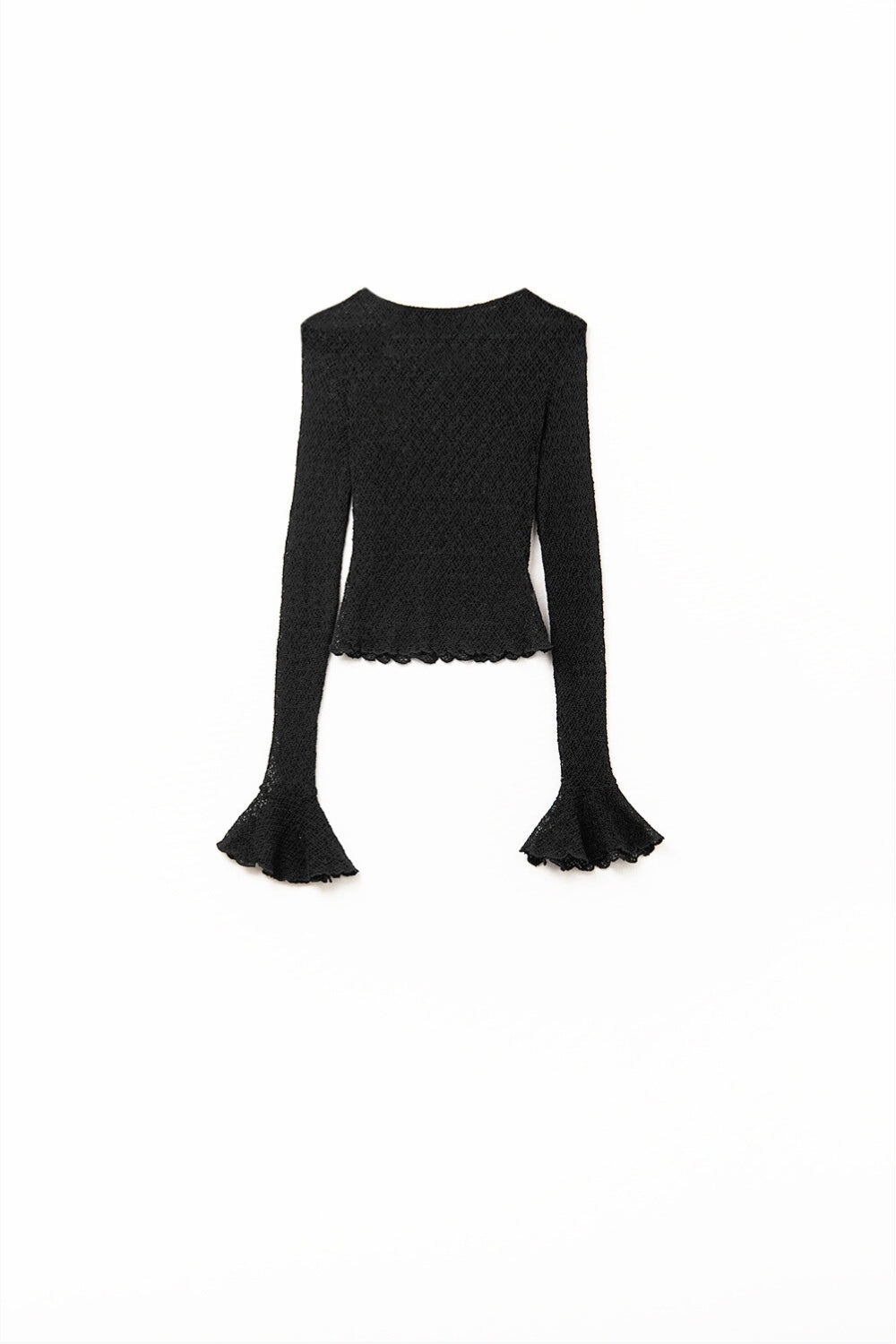 Q2 black flared long sleeve t-shirt in lace fabric