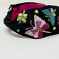 Black Headband With Embroidered Butterflies and Flowers