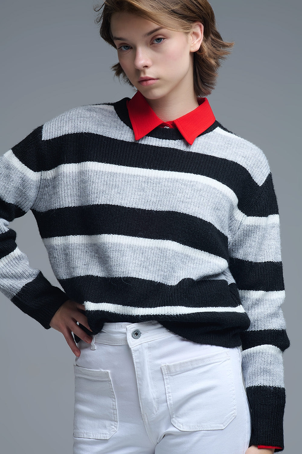 Black jersey with white and grey stripes