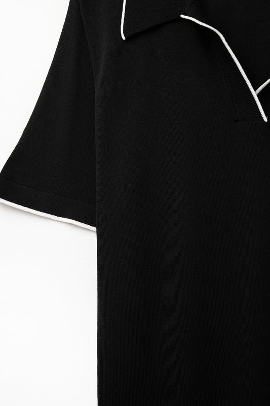 Black knit polo shirt with contrasting detail