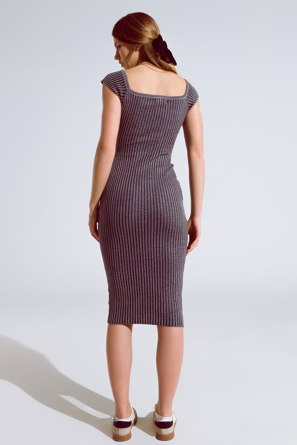 Black Midi Thick Rib Bodycon Dress With Cap Sleeves