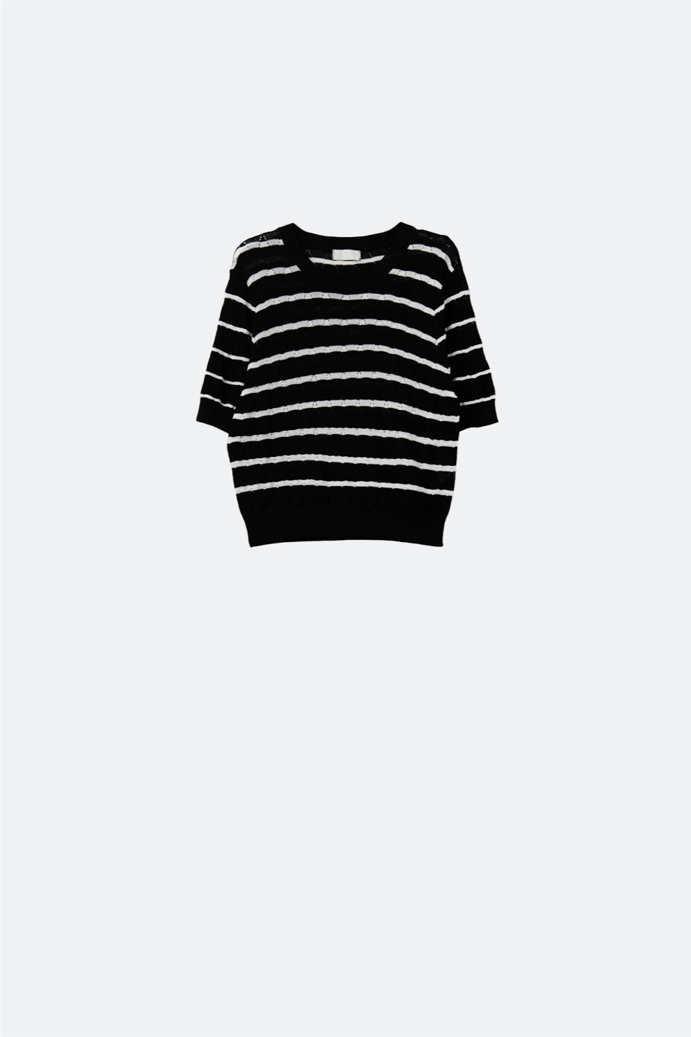 Q2 Black Openwork Knit Top with Short Sleeves and White Stripes