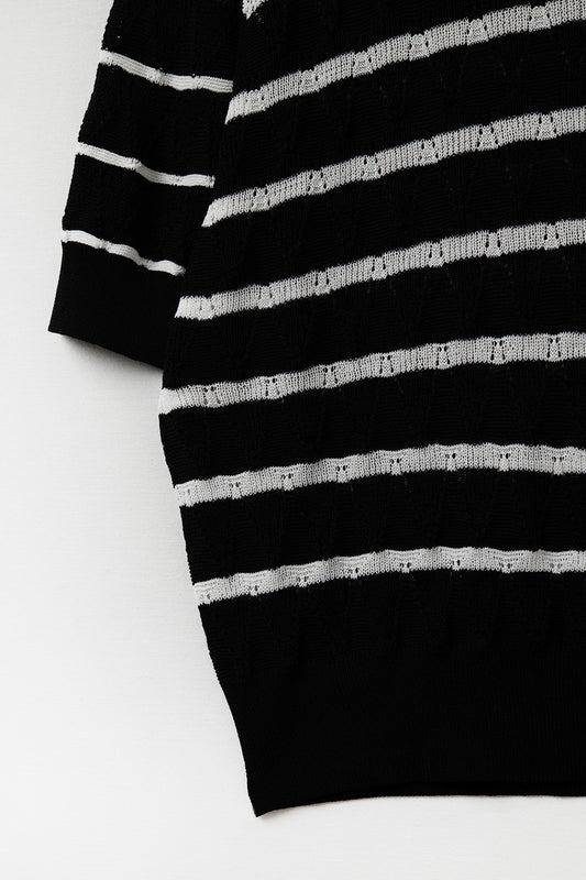 Black Openwork Knit Top with Short Sleeves and White Stripes