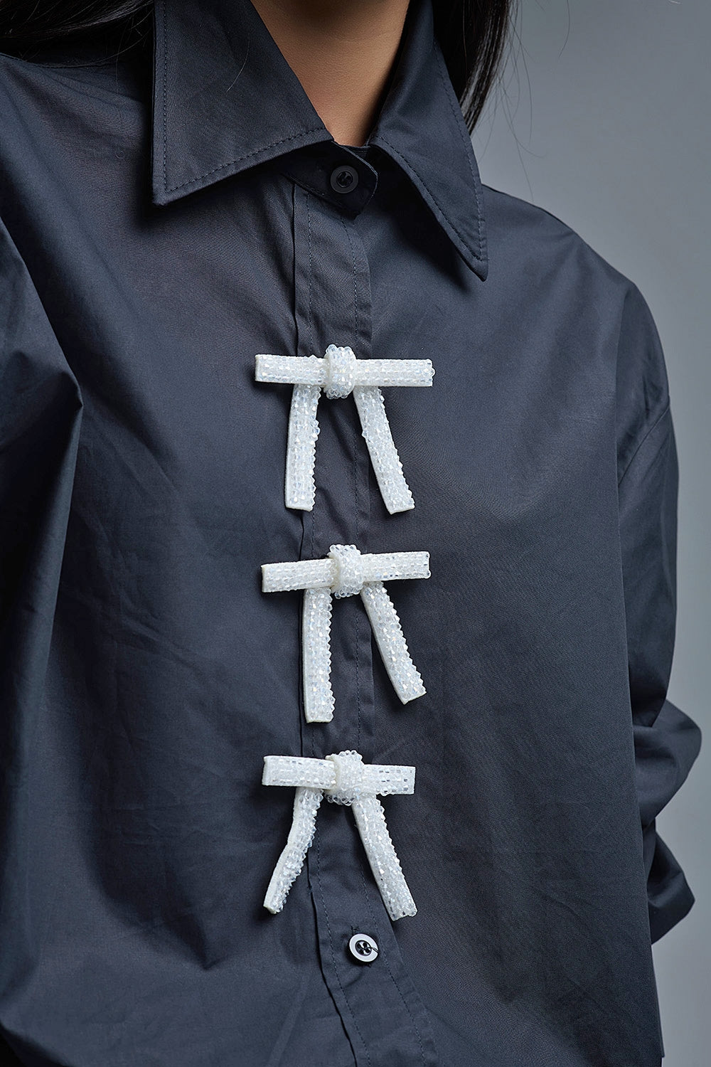 Black Oversized Poplin Shirt With White Beaded Bow Buttons
