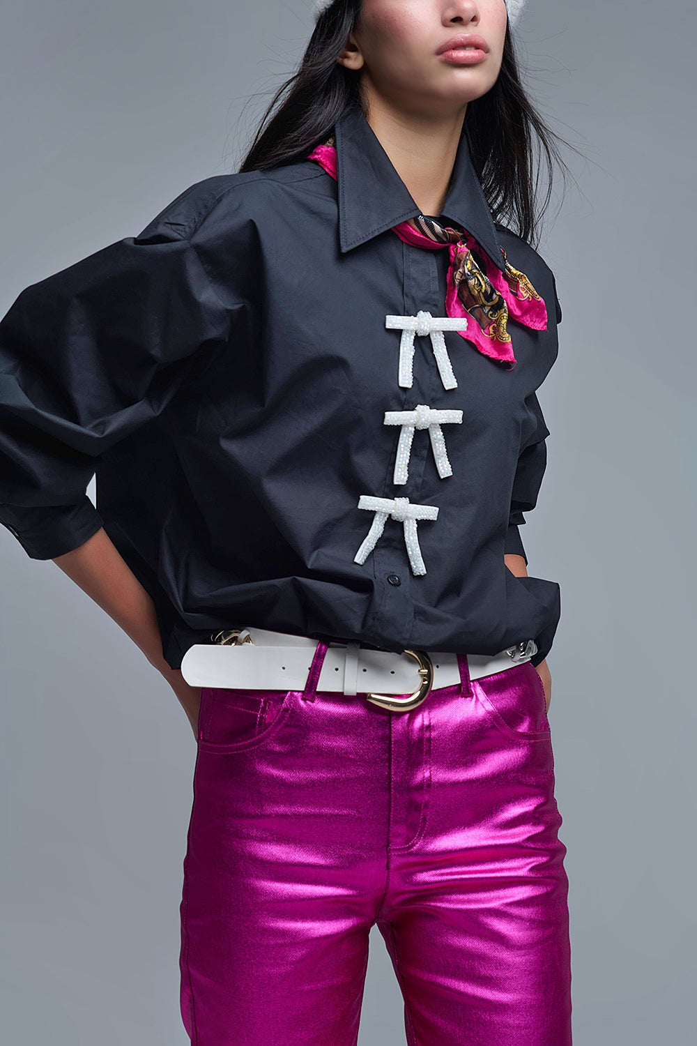 Black Oversized Poplin Shirt With White Beaded Bow Buttons