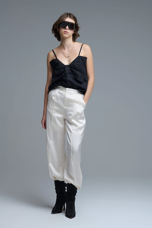 Black poplin crop top with bow detail