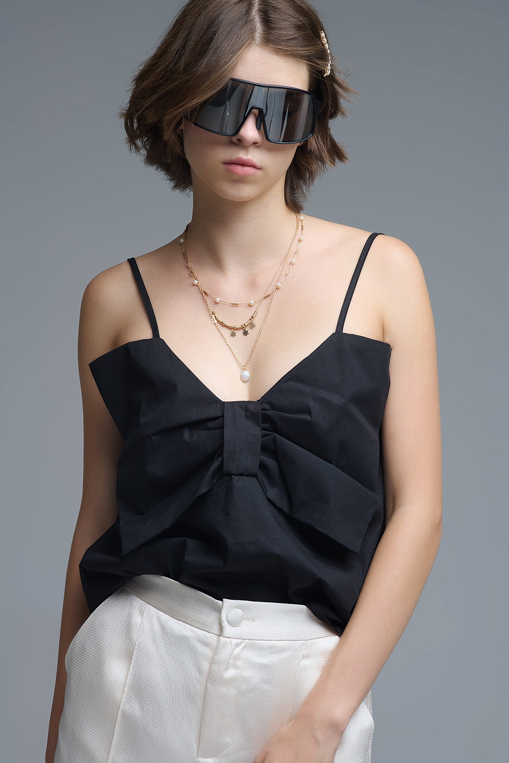 Black poplin crop top with bow detail