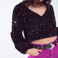 Q2 Black sequin top with V-Neckline ballon sleeves and Open Back