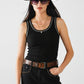 Black Sleeveless Knit Top with Metallic Trim