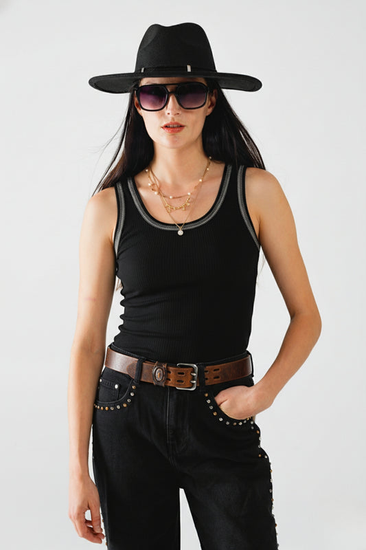 Black Sleeveless Knit Top with Metallic Trim