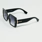 Black square sunglasses with gold detail on the side