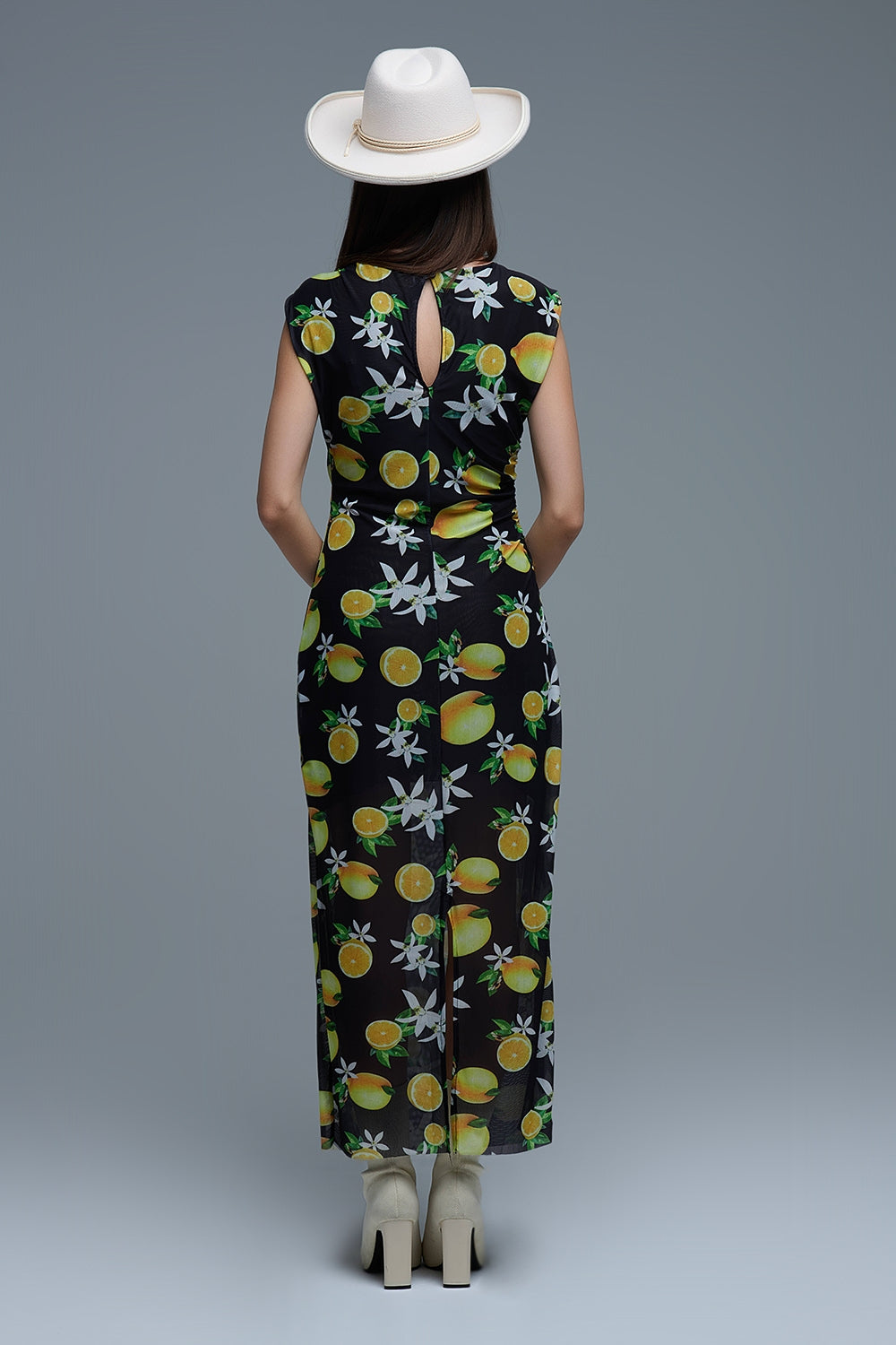Black Tulle Maxi Dress With Side Rouching in Yellow Lemon Print
