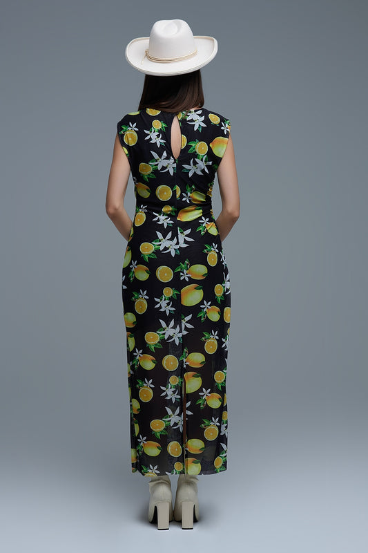 Black Tulle Maxi Dress With Side Rouching in Yellow Lemon Print