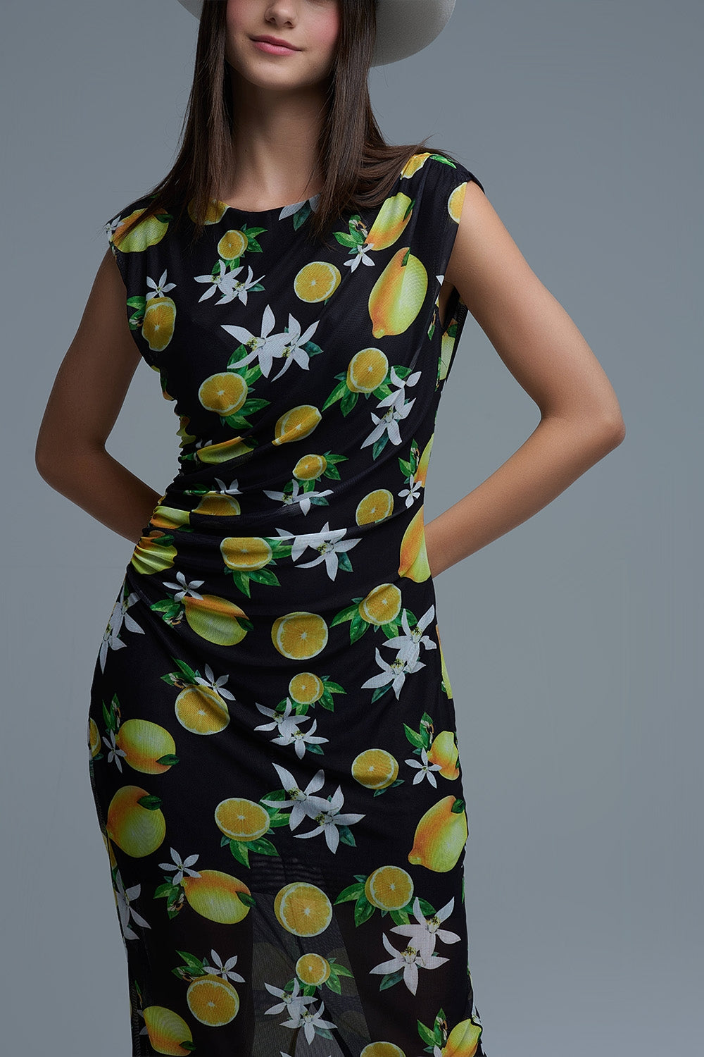 Black Tulle Maxi Dress With Side Rouching in Yellow Lemon Print